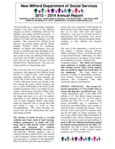 New Milford Department of Social Services 2013 – 2014 Annual Report Peg Molina, LCSW, Director Monika Roberts, Secretary Ivana Butera, MSW Leah Pullaro, MSW 40 Main St. New Milford, CT[removed]6079 socialservic