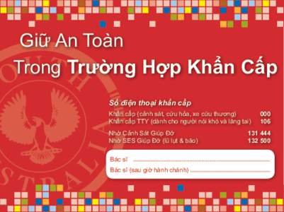 Giữ An Toàn Trong Trường Hợp Khẩn Cấp Số điện thoại khẩn cấp Khẩn cấp (cảnh sát, cứu hỏa, xe cứu thương)	 Khẩn cấp TTY (dành cho người nói khó và lãng tai)	 Nhờ Cảnh 