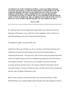 STATEMENT OF JANET SNYDER MATTHEWS, ASSOCIATE DIRECTOR FOR CULTURAL RESOURCES, NATIONAL PARK SERVICE, DEPARTMENT OF THE INTERIOR, BEFORE THE HOUSE SUBCOMMITTEE ON NATIONAL PARKS, FORESTS AND PUBLIC LANDS, COMMITTEE ON NA