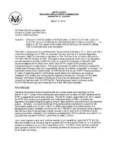 Request for Information Pursuant to Title 10 of the Code of Federal Regulations[removed]f) Regarding Recommendations 2.1, 2.3, and 9.3, of the Near-Term Task Force Review of Insights From the Fukushima Dai-Ichi Accident.