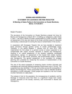 BOSNIA AND HERZEGOVINA STATEMENT ON CLEARANCE AND RISK REDUCTION 02 Meeting of States Parties to the Convention on Cluster Munitions, Beirut, [removed]Madam President,