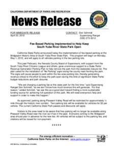 CALIFORNIA DEPARTMENT OF PARKS AND RECREATION  News Release FOR IMMEDIATE RELEASE April 20, 2012