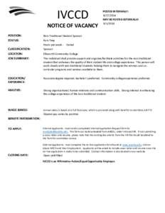 IVCCD NOTICE OF VACANCY POSTED INTERNALLY: [removed]MAY BE POSTED EXTERNALLY: