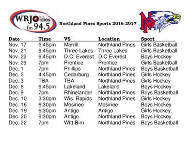 Microsoft Word - Northland Pines 2016 Bball Hockey Schedule.doc