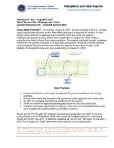 Mine Safety and Health Administration (MSHA) - Fatalgram for Coal Fatal Fall of Face or Rib Accident Occuring August 6, 2007 - #19 - #24