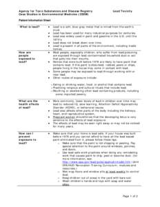 Agency for Toxic Substances and Disease Registry Case Studies in Environmental Medicine (CSEM) Lead Toxicity  Patient Information Sheet