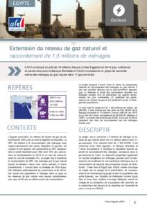 EGYPTE ÉNERGIE Extension du réseau de gaz naturel et raccordement de 1,5 millions de ménages L’AFD a octroyé un prêt de 70 millions d’euros à l’état Égyptien en 2014 pour cofinancer