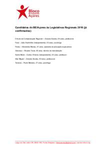 !  Candidatos do BE/Açores às Legislativas Regionaisjá confirmados): Círculo de Compensação Regional – Zuraida Soares, 63 anos, professora Faial – João Stattmiller (independente), 43 anos, sociólogo