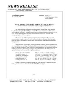 NEWS RELEASE STATE OF NEW HAMPSHIRE, DEPARTMENT OF TRANSPORTATION Carol A. Murray, Commissioner For Immediate Release December 15, 2006