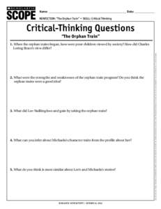 Name: ________________________________________________________ Date: ______________ ® THE LANGUAGE ARTS MAGAZINE  Nonfiction: “The Orphan Train” • Skill: Critical Thinking