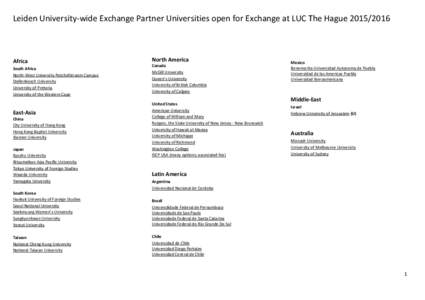 Leiden University-wide Exchange Partner Universities open for Exchange at LUC The HagueAfrica South Africa North-West University Potchefstroom Campus Stellenbosch University