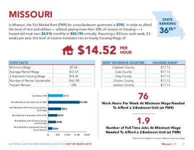 MISSOURI  STATE RANKING  In Missouri, the Fair Market Rent (FMR) for a two-bedroom apartment is $755. In order to afford