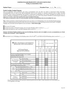 LIMITED ENGLISH PROFICIENT (LEP) DOCUMENTATION Testing Accommodations Chart Student Name: ___________________________________________ Duration From: __/__/__ To: __/__/__ North Carolina Testing Program Select the appropr