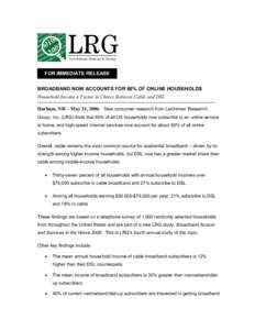 FOR IMMEDIATE RELEASE BROADBAND NOW ACCOUNTS FOR 60% OF ONLINE HOUSEHOLDS Household Income a Factor in Choice Between Cable and DSL Durham, NH – May 31, 2006 – New consumer research from Leichtman Research Group, Inc