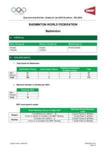 QUALIFICATION SYSTEM – GAMES OF THE XXXI OLYMPIAD – RIO[removed]BADMINTON WORLD FEDERATION Badminton A.