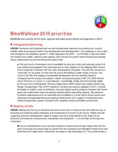 BikeWalkLee 2015 priorities BikeWalkLee’s priority list for local, regional and state governments and agencies in 2015.  Integrated planning VISION: Innovative and integrated land use and transportation planning can