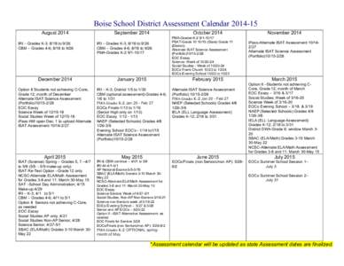 Boise School District Assessment Calendar[removed]August 2014 IRI – Grades K-3; 8/18 to 9/26 CBM – Grades 4-6; 8/18 to[removed]December 2014