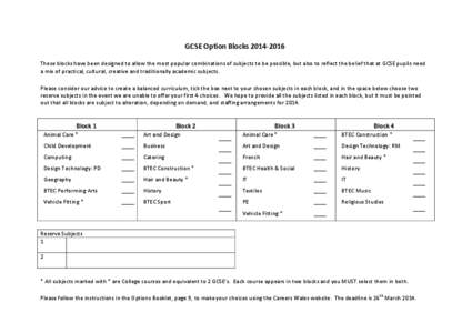 GCSE Option Blocks[removed]These blocks have been designed to allow the most popular combinations of subjects to be possible, but also to reflect the belief that at GCSE pupils need a mix of practical, cultural, creati