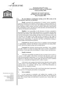 Declaration of the 44th session of the International Conference on Education (Geneva, October[removed]endorsed by the General Conference of UNESCO at its twenty-eighth session Paris, November 1995