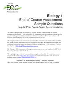 Florida Biology 1 EOC Assessment Sample Questions Regular Print Paper-Based Accommodation