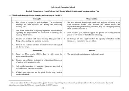 Holy Angels Canossian School English Enhancement Grant Scheme for Primary Schools School-based Implementation Plan (A) SWOT analysis related to the learning and teaching of English 1 : Strengths  Opportunities