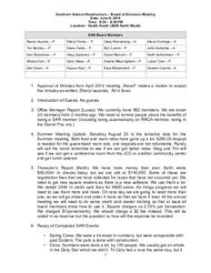 Southern Arizona Roadrunners – Board of Directors Meeting Date: June 9, 2014  Time: 6:30 – 8:30 PM Location: Health SouthNorth Wyatt) SAR Board Members Randy Accetta – P