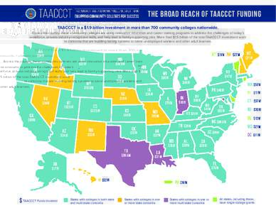 The Broad Reach of TAACCCT Funding TAACCCT is a $1.9 billion investment in more than 700 community colleges nationwide. Across the country, these community colleges are using innovative education and career training prog