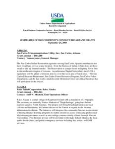 SUMMARIES OF 2003 COMMUNITY CONNECT BROADBAND GRANTS