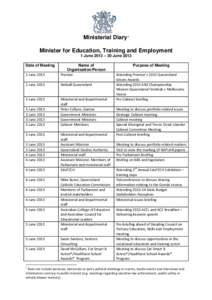 Ministerial Diary 1 Minister for Education, Training and Employment 1 June 2013 – 30 June 2013 Date of Meeting 2 June 2013