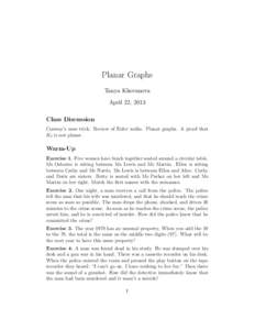 Planar Graphs Tanya Khovanova April 22, 2013 Class Discussion Conway’s nose trick. Review of Euler walks. Planar graphs. A proof that K5 is not planar.