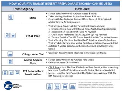 HOW YOUR RTA TRANSIT BENEFIT PREPAID MASTERCARD® CAN BE USED: Transit Agency Metra CTA & Pace