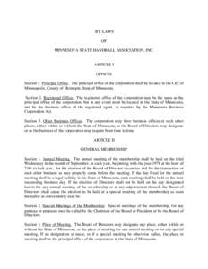 BY-LAWS OF MINNESOTA STATE HANDBALL ASSOCIATION, INC. ARTICLE I OFFICES Section 1. Principal Office. The principal office of the corporation shall be located in the City of