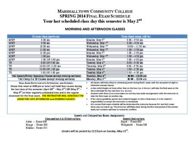 MARSHALLTOWN COMMUNITY COLLEGE SPRING 2014 FINAL EXAM SCHEDULE Your last scheduled class day this semester is May 2nd MORNING AND AFTERNOON CLASSES If your class meets on: