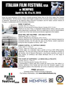 ITALIAN FILM FESTIVAL USA OF MEMPHIS  April 14, 15, 17 & 21, 2015