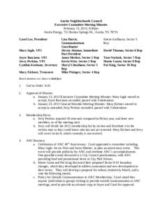 Austin Neighborhoods Council Executive Committee Meeting Minutes February 13, 2013, 6:30pm Austin Energy, 721 Barton Springs Dr., Austin, TX[removed]Carol Lee, President Mary Ingle, VP1