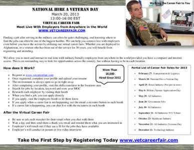 NATIONAL HIRE A VETERAN DAY March 20, [removed]:00-16:00 EST VIRTUAL CAREER FAIR  Meet Live With Employers from Anywhere in the World