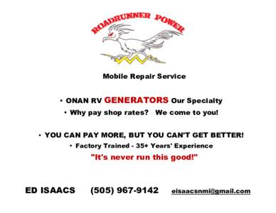    Mobile Repair Service • ONAN RV  GENERATORS Our Specialty