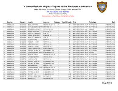 Commonwealth of Virginia - Virginia Marine Resources Commission Lewis Gillingham, Tournament Director - Newport News, Virginia[removed]Citations Year To Date Printed: Monday June[removed]Citations Enterd in Past 7 Day