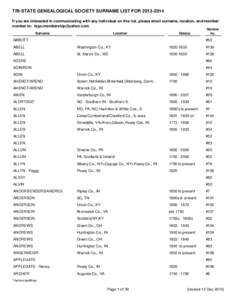 TRI-STATE GENEALOGICAL SOCIETY SURNAME LIST FORIf you are interested in communicating with any individual on this list, please email surname, location, and member number to:  Surname  