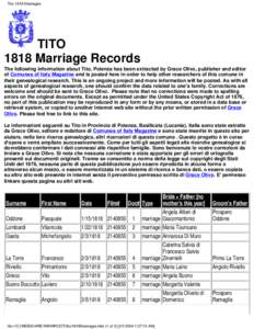 Tito 1818 Marriages  TITO 1818 Marriage Records The following information about Tito, Potenza has been extracted by Grace Olivo, publisher and editor of Comunes of Italy Magazine and is posted here in order to help other