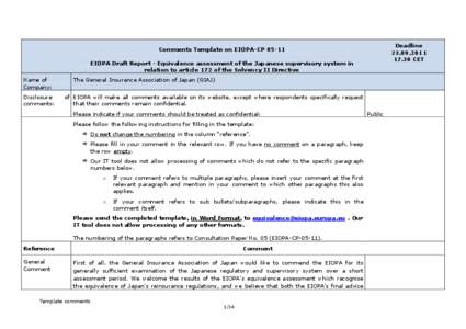 Deadline[removed] CET Comments Template on EIOPA CP[removed]EIOPA Draft Report Equivalence assessment of the Japanese supervisory system in