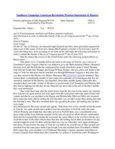 Southern Campaign American Revolution Pension Statements & Rosters Pension application of John England W5270 Transcribed by Fred Weyler England John (Mary)  VA