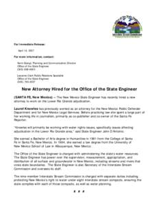 For Immediate Release: April 19, 2007 For more information, contact: Karin Stangl, Planning and Communication Director Office of the State Engineer[removed]