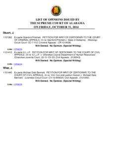 LIST OF OPINIONS ISSUED BY THE SUPREME COURT OF ALABAMA ON FRIDAY, OCTOBER 31, 2014 Stuart, J[removed]Ex parte Stanford Pritchett. PETITION FOR WRIT OF CERTIORARI TO THE COURT OF CRIMINAL APPEALS (In re: Stanford Pritch