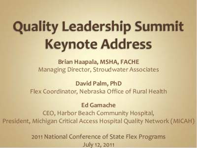 Brian Haapala, MSHA, FACHE Managing Director, Stroudwater Associates David Palm, PhD Flex Coordinator, Nebraska Office of Rural Health Ed Gamache CEO, Harbor Beach Community Hospital,