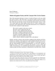 LINDA T. DARLING UNIVERSITY OF ARIZONA Medieval Egyptian Society and the Concept of the Circle of Justice One of the prominent ideologies of justice in medieval Egypt was the one called the Circle of Justice.1 That term 