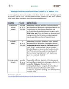 Métis Education Foundation Awards/University of Alberta 2014 In order to qualify for these awards, students cannot also be eligible for awards or funding designated for registered or treaty Indians. A student cannot rec