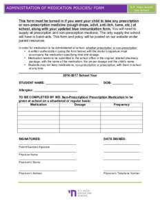 p ADMINISTRATION OF MEDICATION POLICIES/ FORM N.E. Miles Jewish Day School