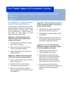 West Virginia Support for Personalized Learning Implementation of Expected Elementary Behaviors within WVSPL Framework April 2012 Five Suggestions for Assisting Elementary Students to Exhibit Expected Behaviors