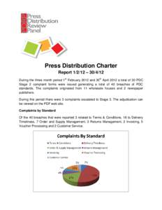 Press Distribution Charter Report – During the three month period 1st February 2012 and 30th April 2012 a total of 30 PDC Stage 2 complaint forms were issued generating a total of 40 breaches of PDC stan